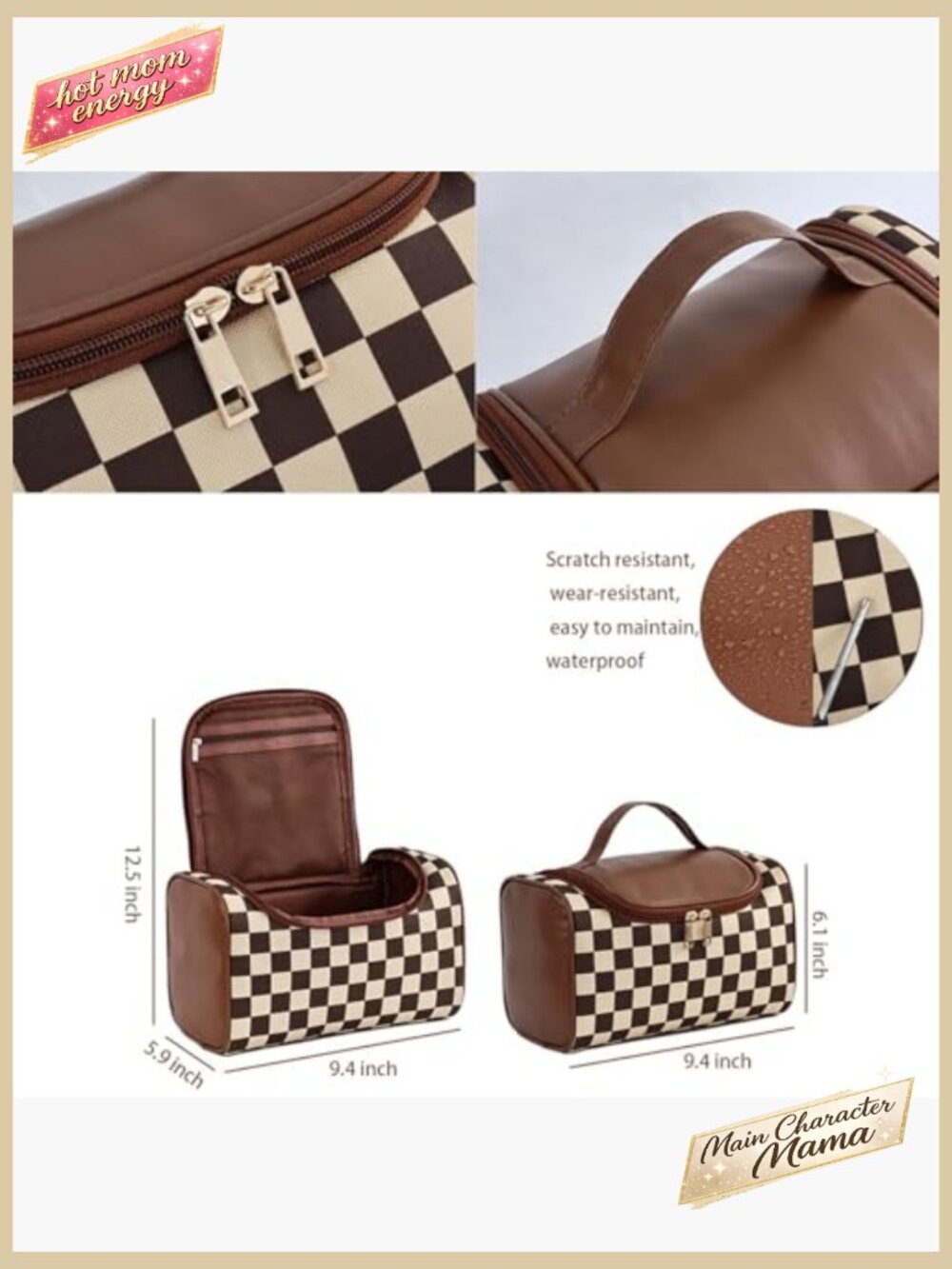 Checkered Pattern Cosmetic Bag Travel Portable Elegant Minimal Skincare Storage - Picture 3 of 7